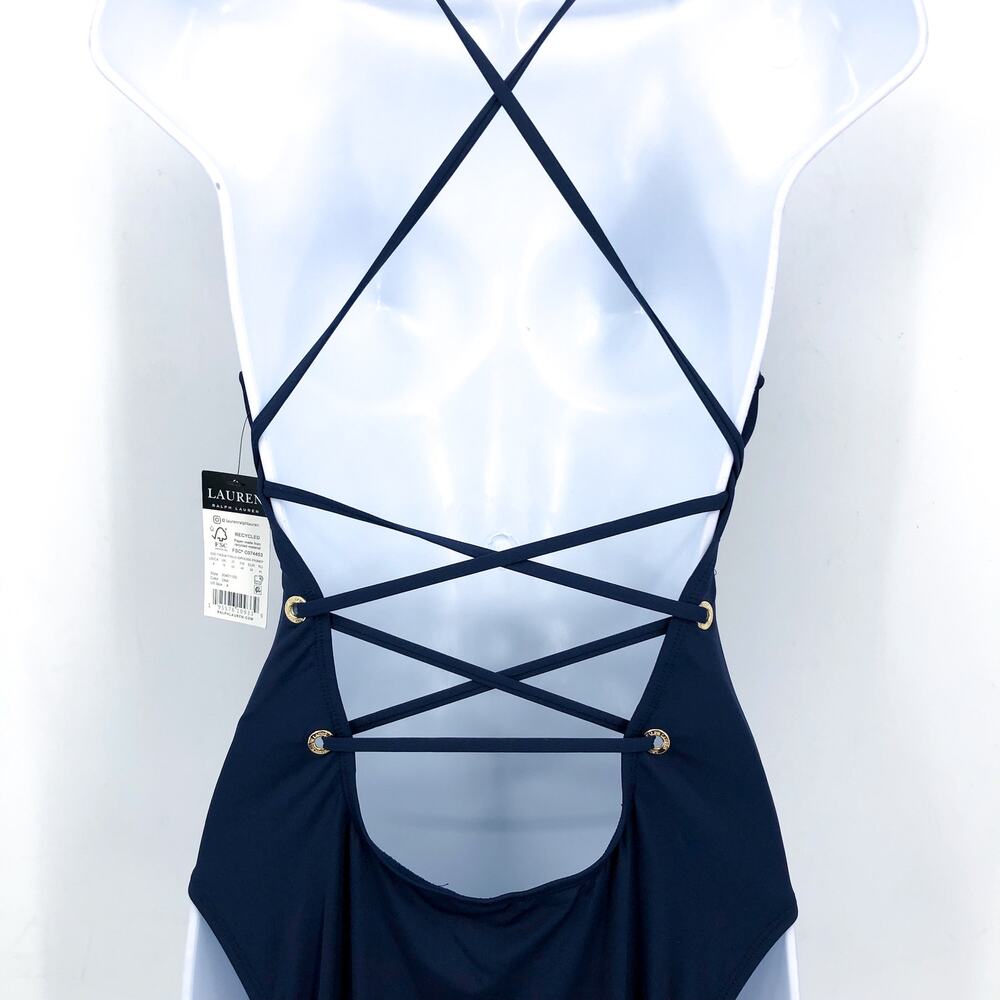 LAUREN RALPH LAUREN Strappy Plunge One-Piece Size 12 Blue Dark Navy Vneck NWT - Picture 7 of 11